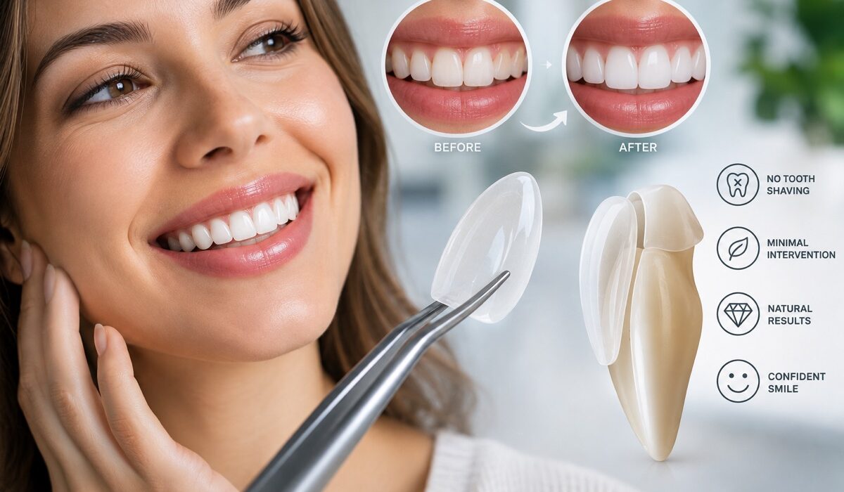 Prepless veneers: ultra-thin no prep porcelain veneer with a before and after smile